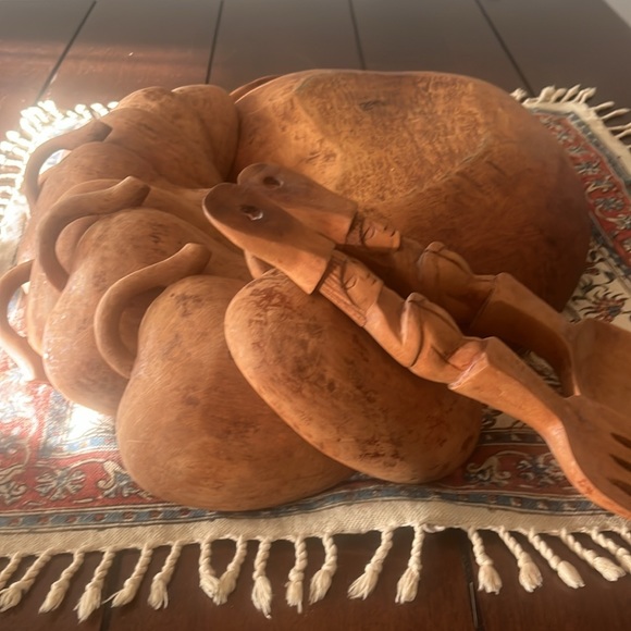 Vintage Hand Carved Wooden Fruit Bowl Set Pear 8 Small bowls Fork Spoon 11 Pcs - Picture 6 of 11
